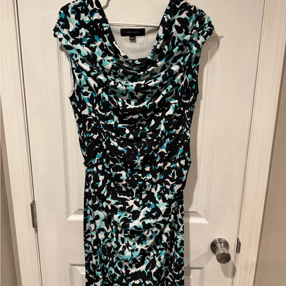 Larry Levine Black and Teal Patterned Midi Dress